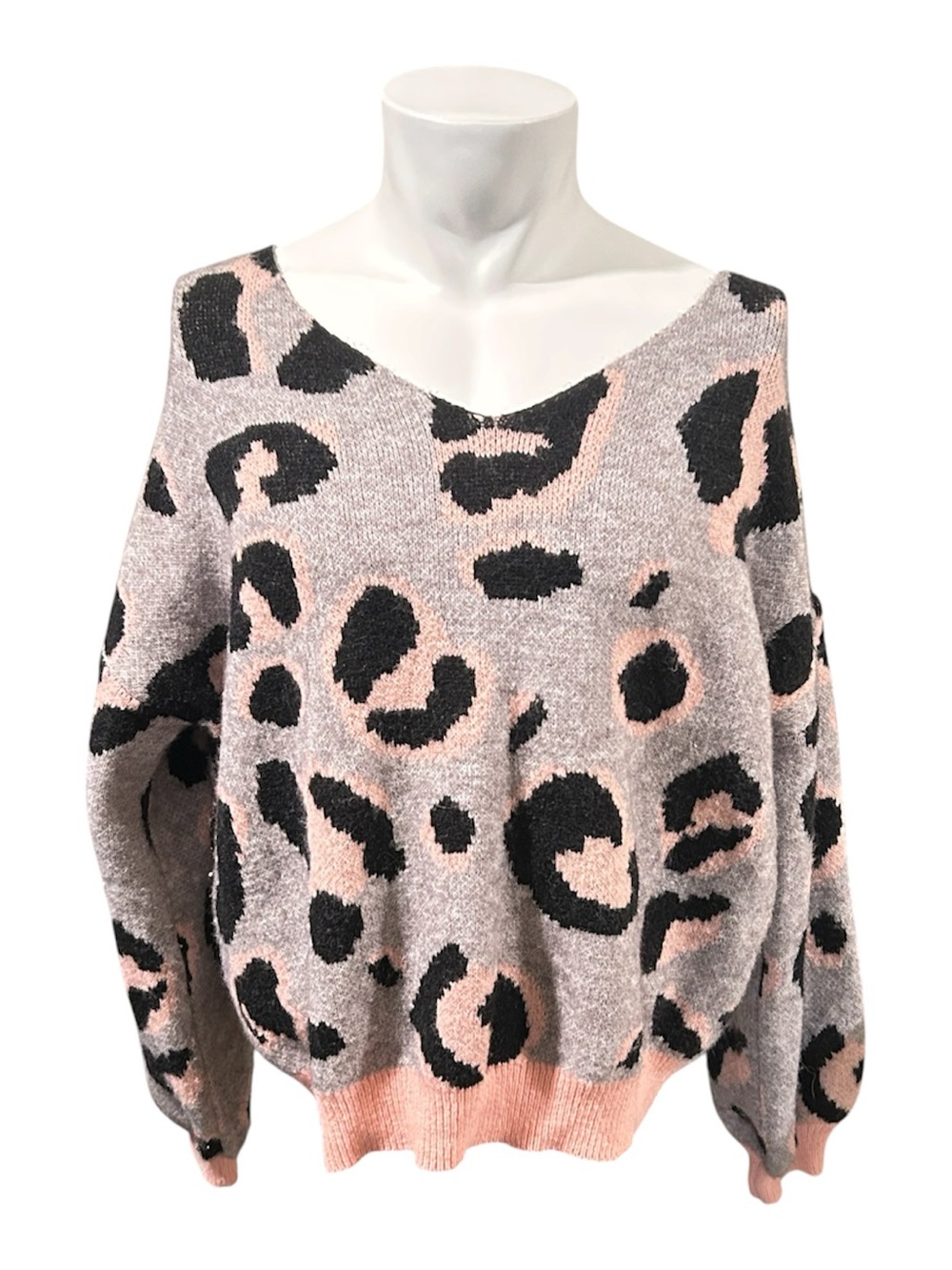 SHEIN Pink and Black Leopard-Print V-Neck Sweater
